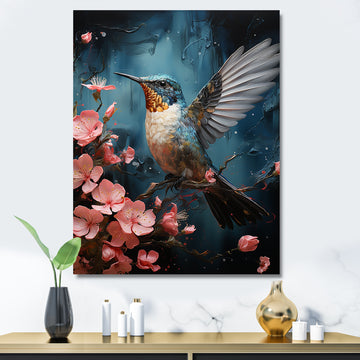 Blue Floral Flight hummingbird - Hummingbird Bedroom Wall Art